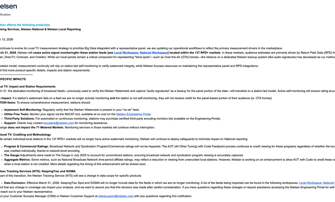 Nielsen ‘Blind Spot’ Gets A Little Blinder, Will Cease Monitoring Many TV Markets 03/19/2026